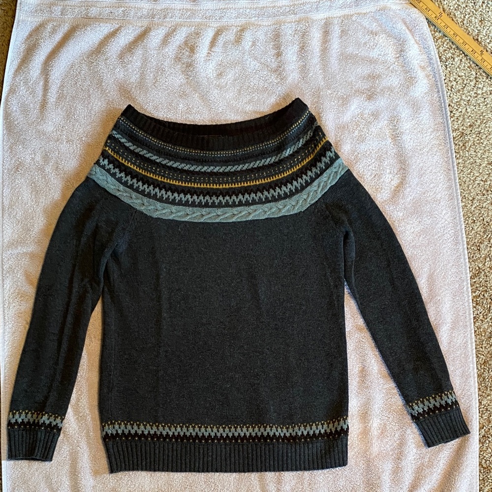 BCBGMaxAzria Off-the-Shoulder Black and Gray Sweater